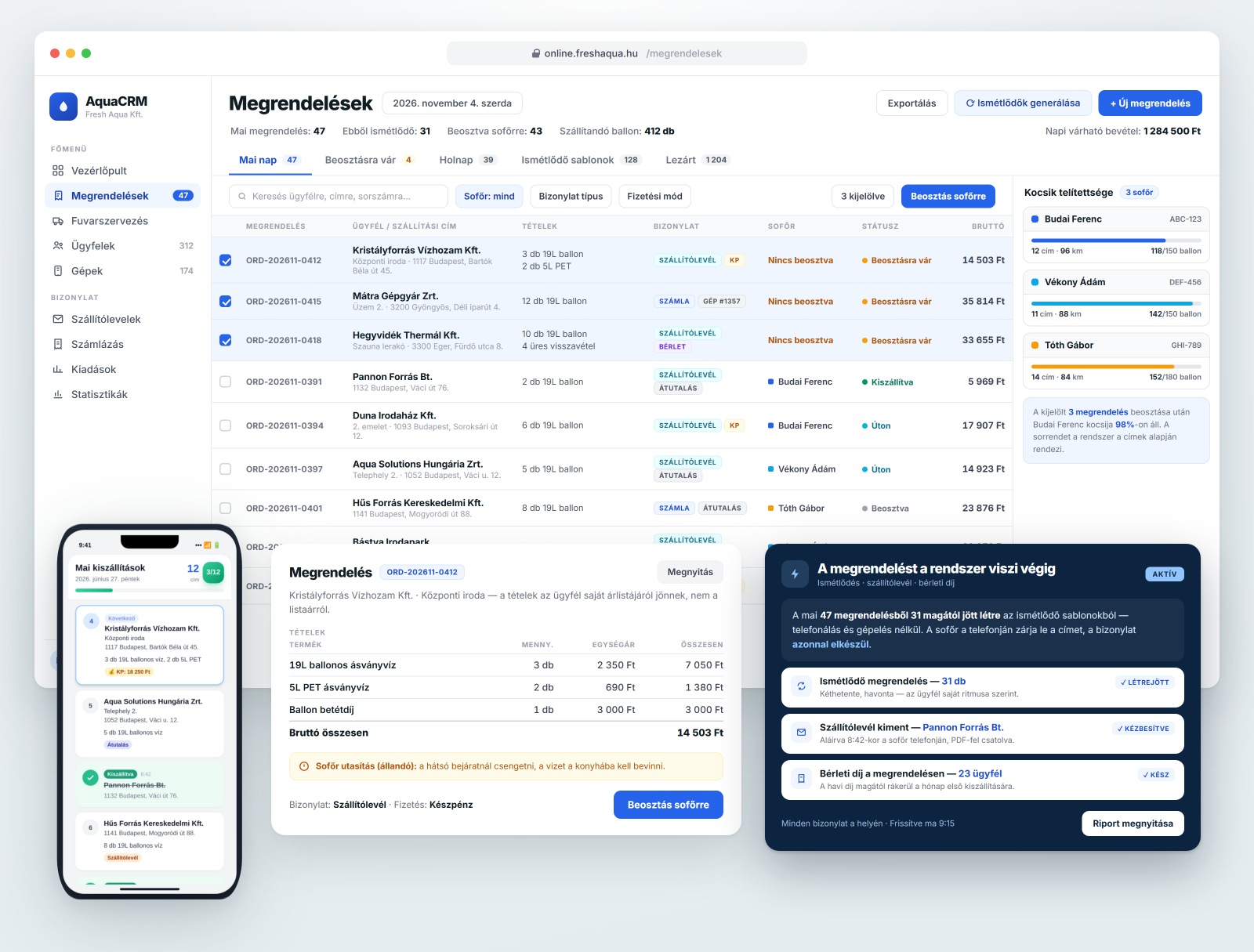 Az Aqua CRM rendeléskezelő felülete és sofőr mobilalkalmazása